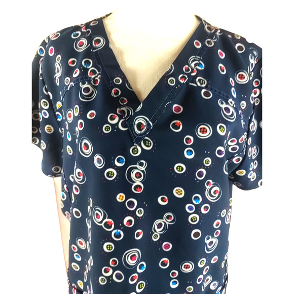 Wonder Wink Women's Scrub Top Size Large Navy Blue Pola Dots Medical - Picture 2 of 6